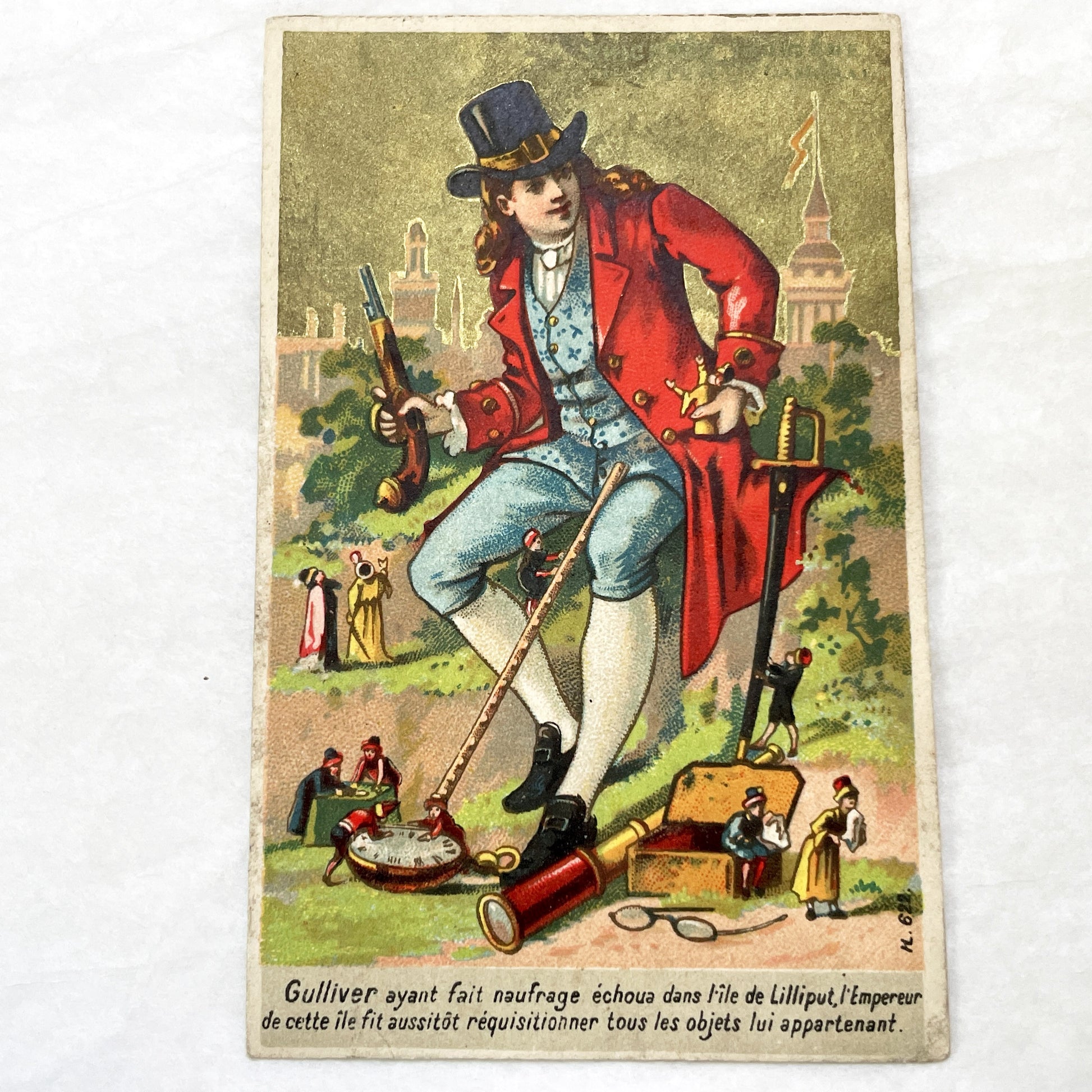 Late 19th - Gulliver's Travels Trade Card - Lilliput Illustration - French Advertisement - Vintage Collectible - Advertising Ephemera