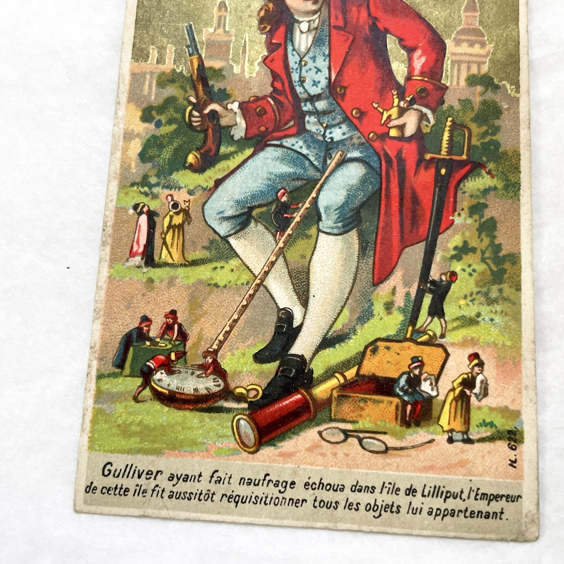 Late 19th - Gulliver's Travels Trade Card - Lilliput Illustration - French Advertisement - Vintage Collectible - Advertising Ephemera