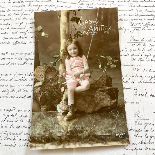 1910s - Vintage French Postcard - Little Girl Portrait - Hand Colored-Sepia Tone - Gage Amitie Sentiment - Old Photo Art