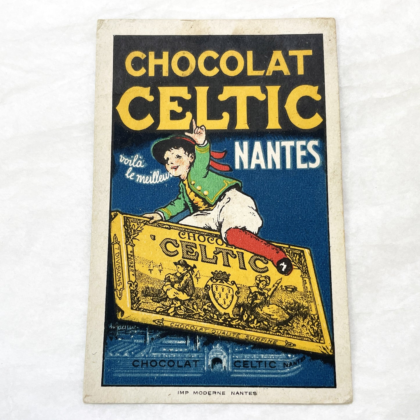 1910s - Vintage French Advertising Card - Chocolat Celtic Nantes Boy - Early 20th Century Confectionery Promotion - Collectible Ephemera