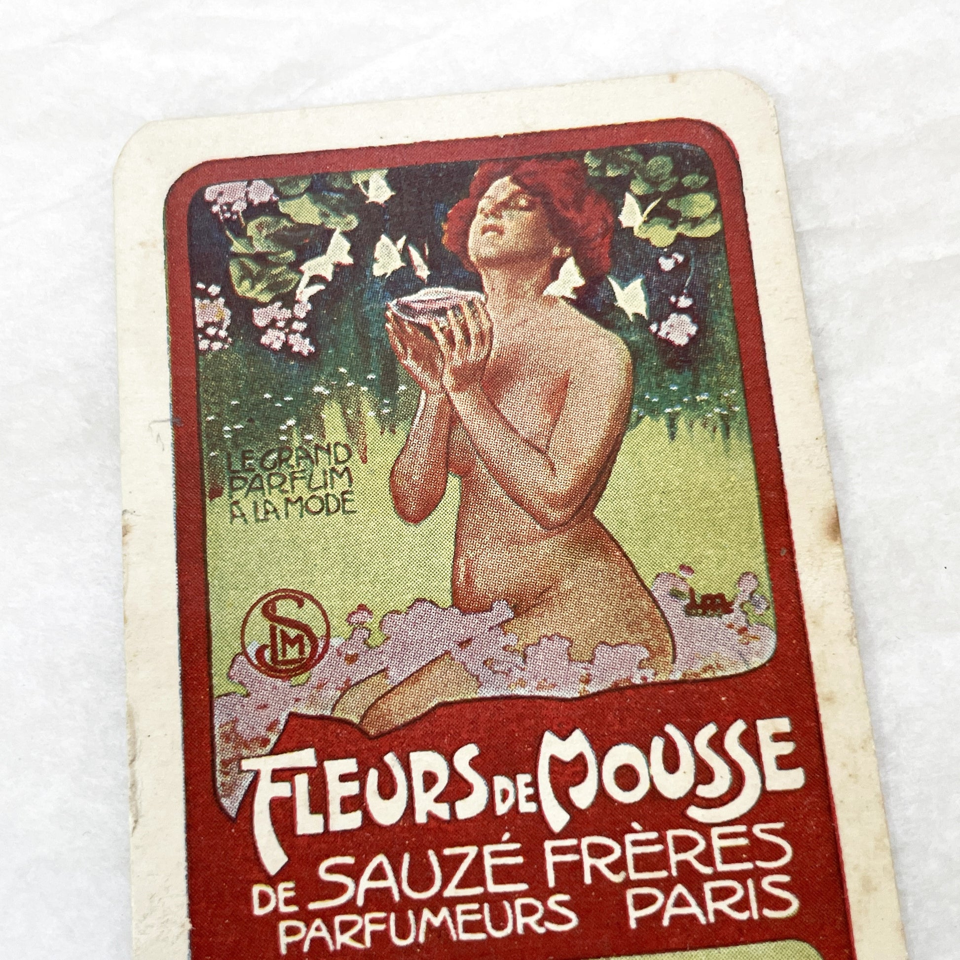 1900s - Vintage French Perfume Advertising Card - 'Fleurs de Mousse' by Sauzé Frères Paris - Art Nouveau - Maison Tambutté Coiffeur