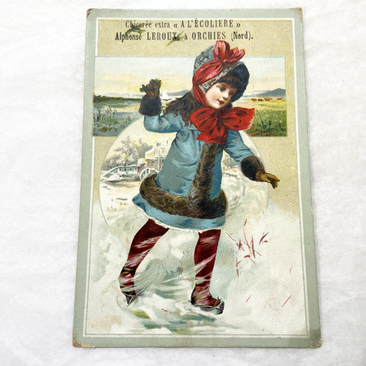 1900s - Vintage French Chicory Advertising Card - Alphonse Leroux - The Schoolgirl Winter Scene - Collectible Ephemera