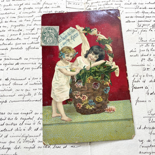 1900s - French Friendship Postcard - Charming Children Floral Basket Art - Historical Ephemera - Collectible Memorabilia