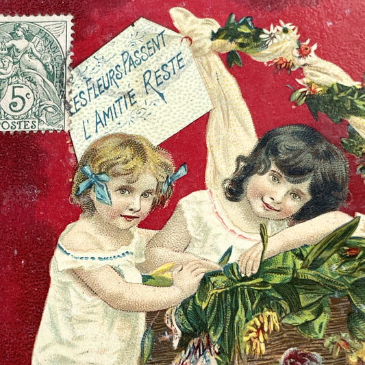 1900s - French Friendship Postcard - Charming Children Floral Basket Art - Historical Ephemera - Collectible Memorabilia