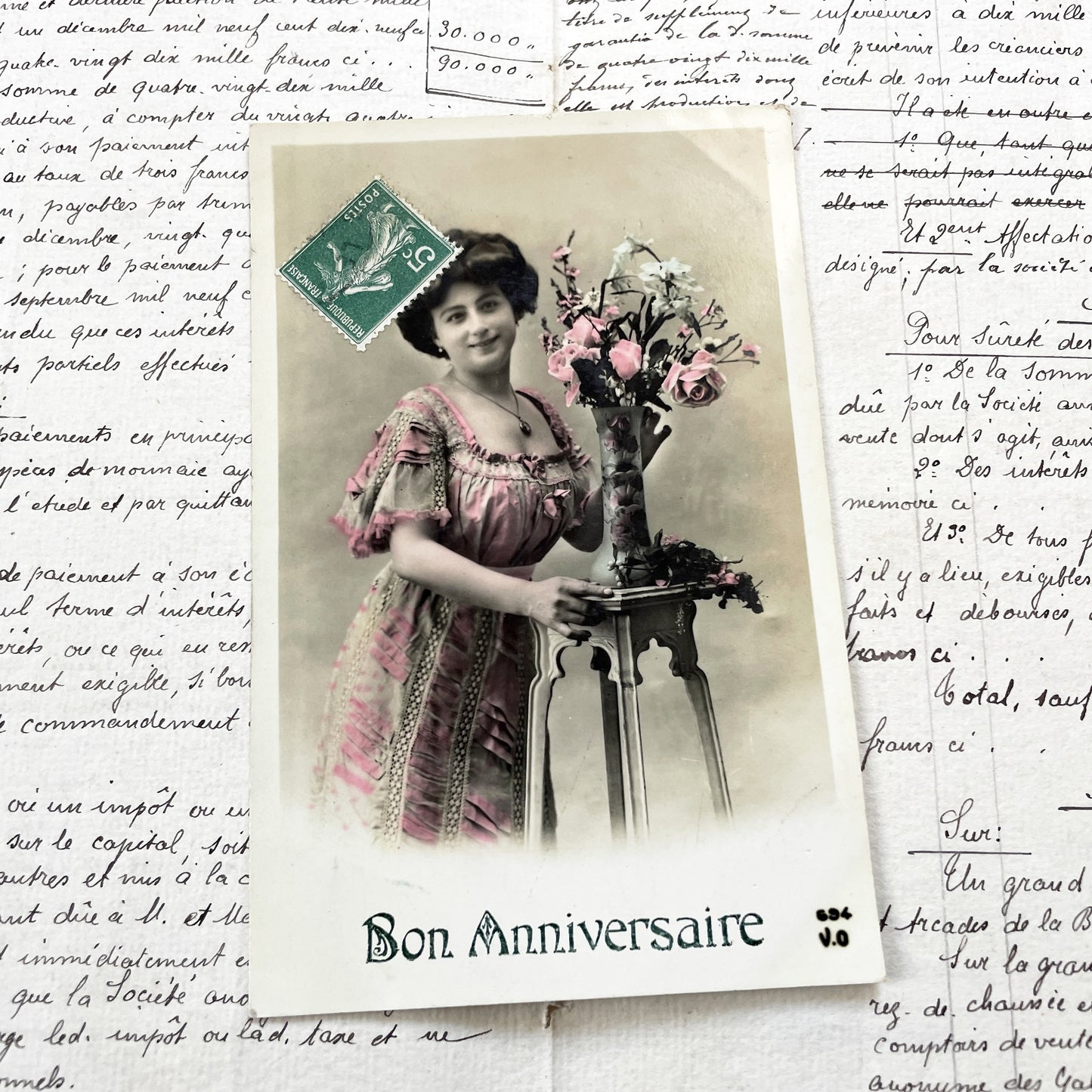 1910s - Vintage French Postcard - Edwardian Lady in Pink Dress - Bon Anniversaire - Happy Birthday - Antique Ephemera Paper Collectible