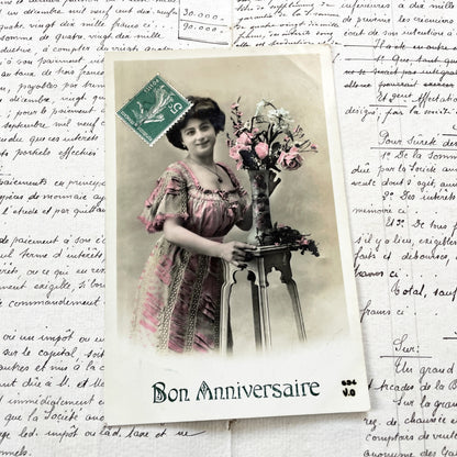 1910s - Vintage French Postcard - Edwardian Lady in Pink Dress - Bon Anniversaire - Happy Birthday - Antique Ephemera Paper Collectible
