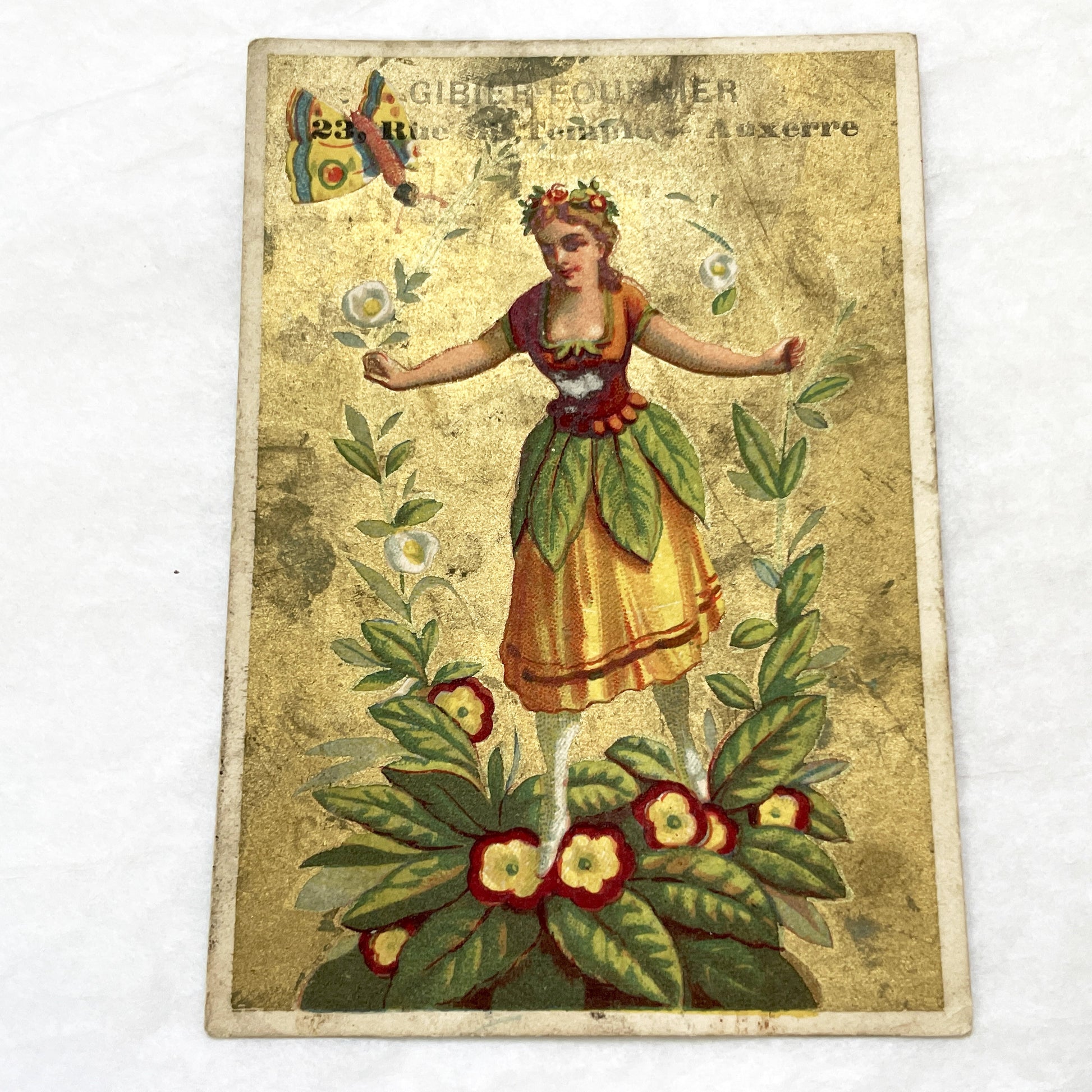 Late 19th - French Advertising Card - Gilded Floral Lady - Maison Gibier-Fournier - Auxerre Store Vintage Ephemera