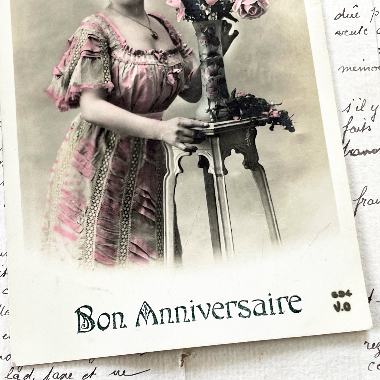1910s - Vintage French Postcard - Edwardian Lady in Pink Dress - Bon Anniversaire - Happy Birthday - Antique Ephemera Paper Collectible