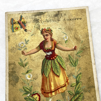 Late 19th - French Advertising Card - Gilded Floral Lady - Maison Gibier-Fournier - Auxerre Store Vintage Ephemera