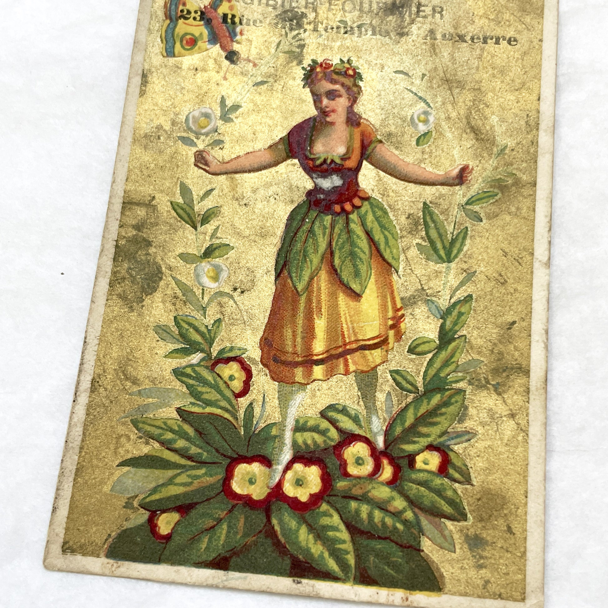 Late 19th - French Advertising Card - Gilded Floral Lady - Maison Gibier-Fournier - Auxerre Store Vintage Ephemera