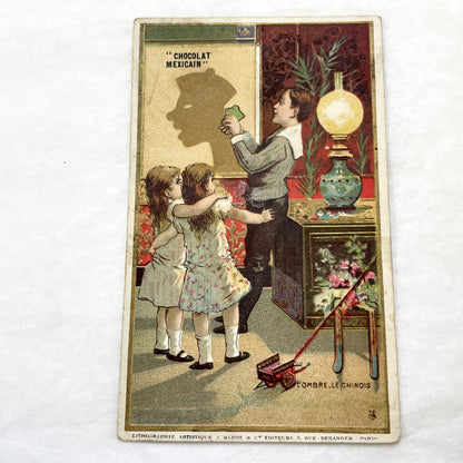 1900s - Vintage French Advertising Chromo Card for Chocolat Masson - Shadow Play Scene - Mexican Chocolate Promotion - Collectible Ephemera