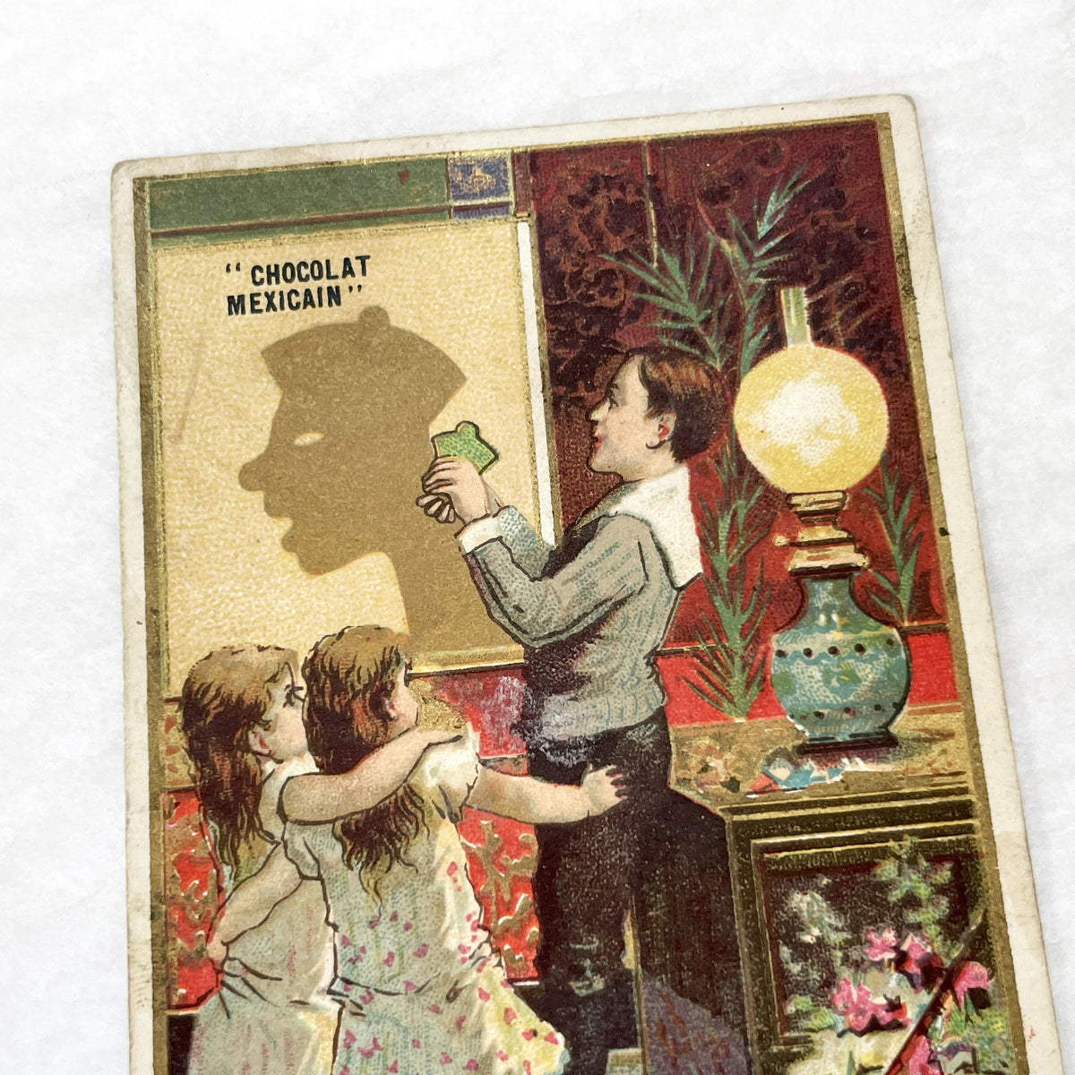1900s - Vintage French Advertising Chromo Card for Chocolat Masson - Shadow Play Scene - Mexican Chocolate Promotion - Collectible Ephemera