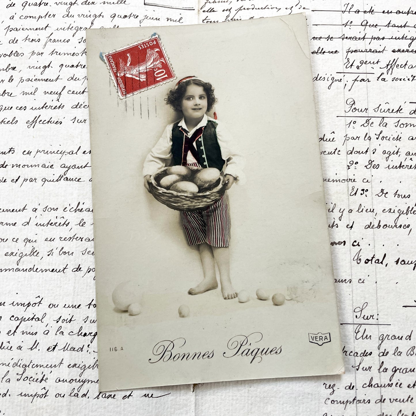 1910s - Vintage French Easter Postcard - Charming Child with Eggs - Bonnes Pâques Greeting - Antique Document