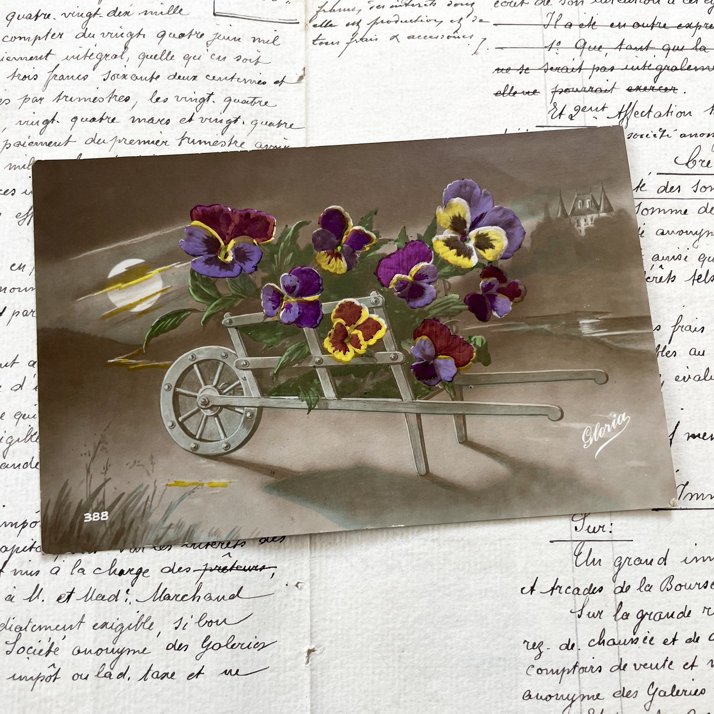1900s - Vintage Postcard - Wheelbarrow Of Pansies - Moonlight Castle - Floral Art Nouveau - French Nature Collectible Card - Chromo