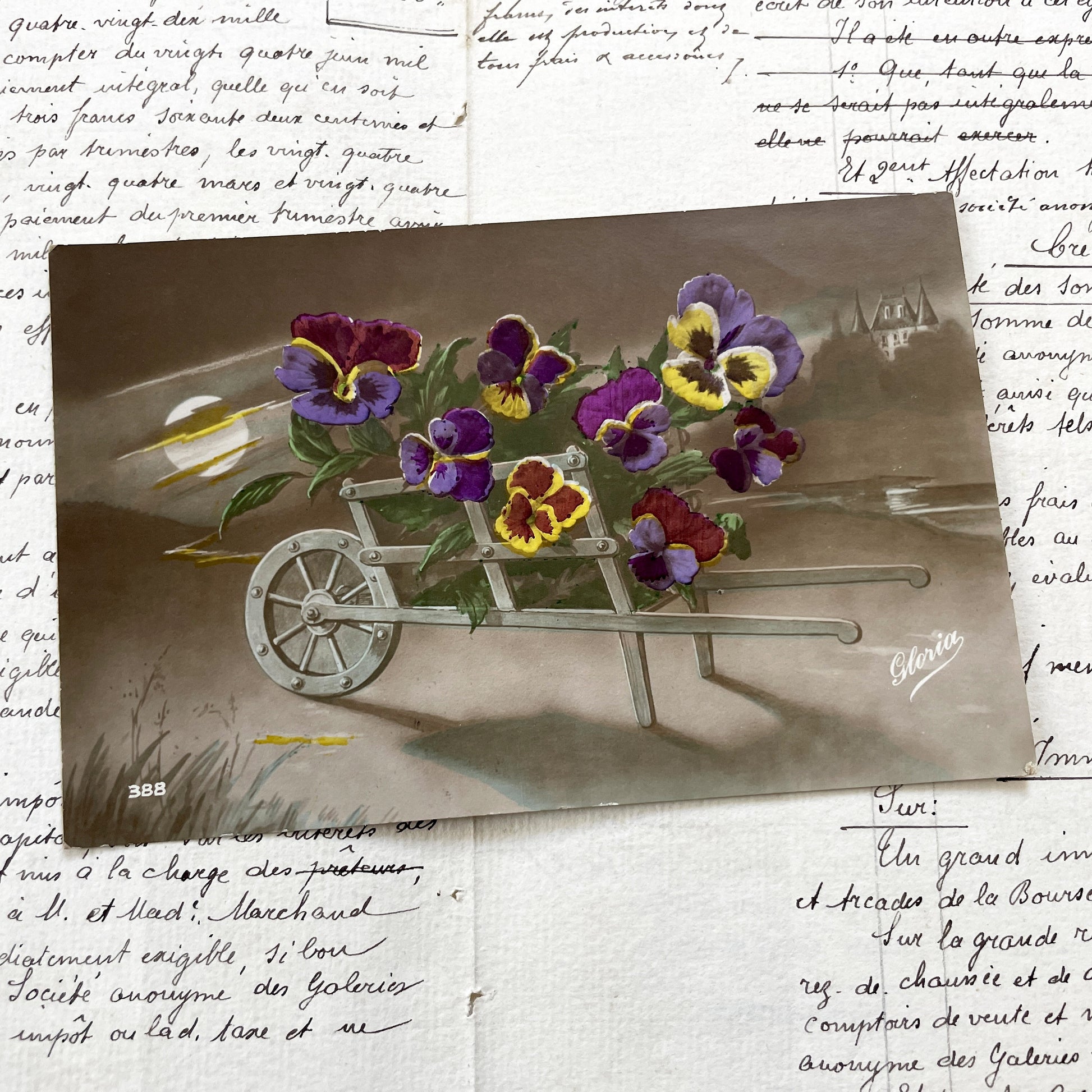 1900s - Vintage Postcard - Wheelbarrow Of Pansies - Moonlight Castle - Floral Art Nouveau - French Nature Collectible Card - Chromo