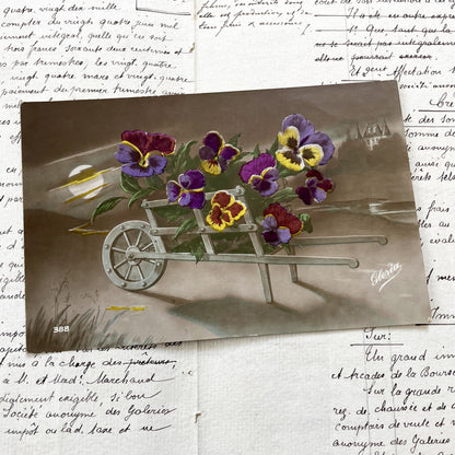 1900s - Vintage Postcard - Wheelbarrow Of Pansies - Moonlight Castle - Floral Art Nouveau - French Nature Collectible Card - Chromo