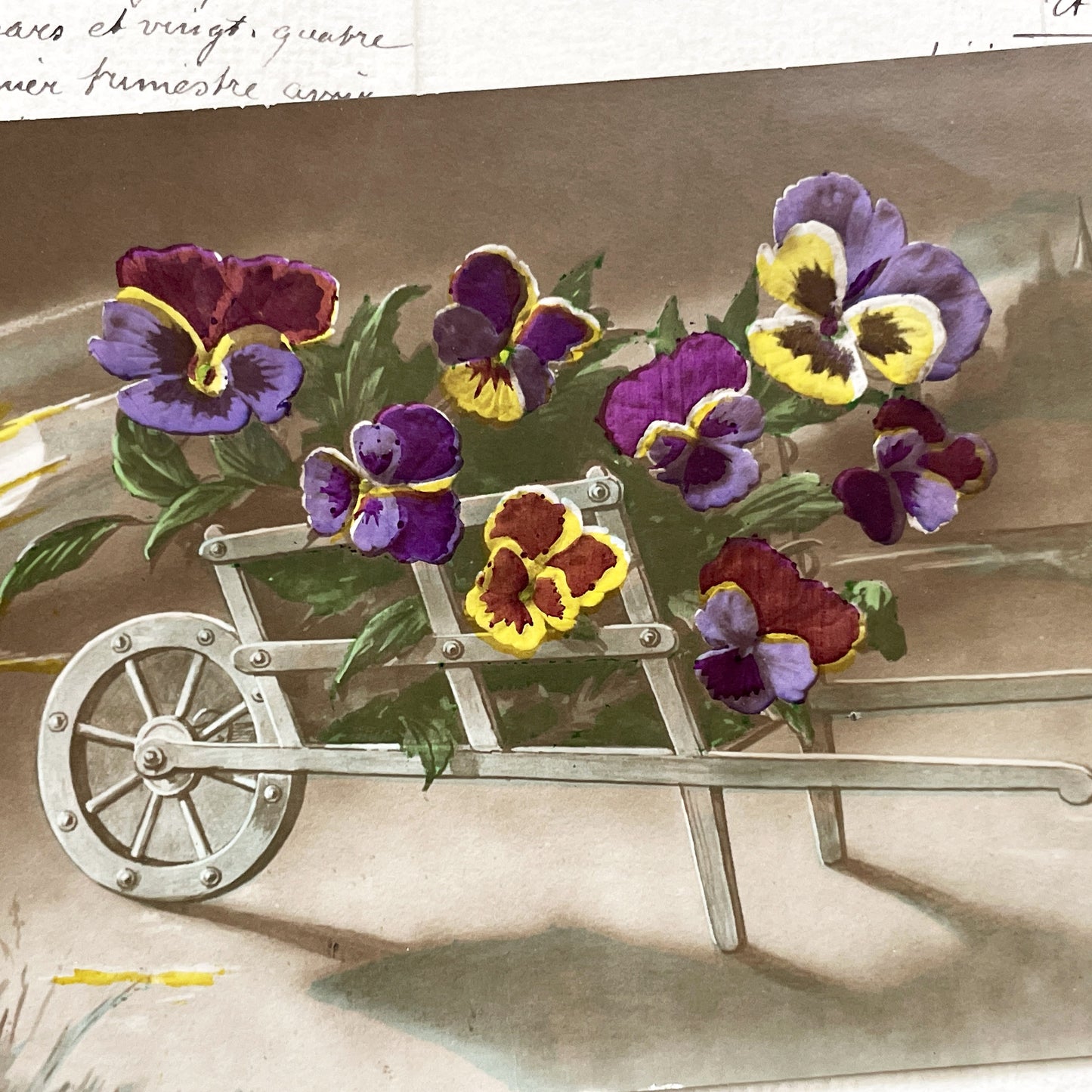 1900s - Vintage Postcard - Wheelbarrow Of Pansies - Moonlight Castle - Floral Art Nouveau - French Nature Collectible Card - Chromo