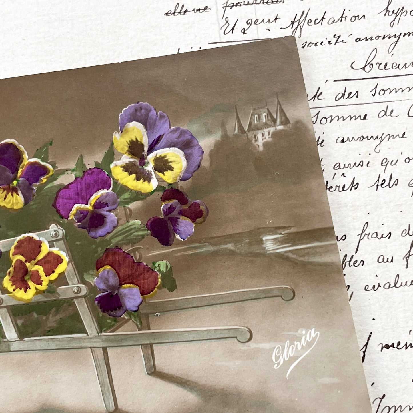 1900s - Vintage Postcard - Wheelbarrow Of Pansies - Moonlight Castle - Floral Art Nouveau - French Nature Collectible Card - Chromo