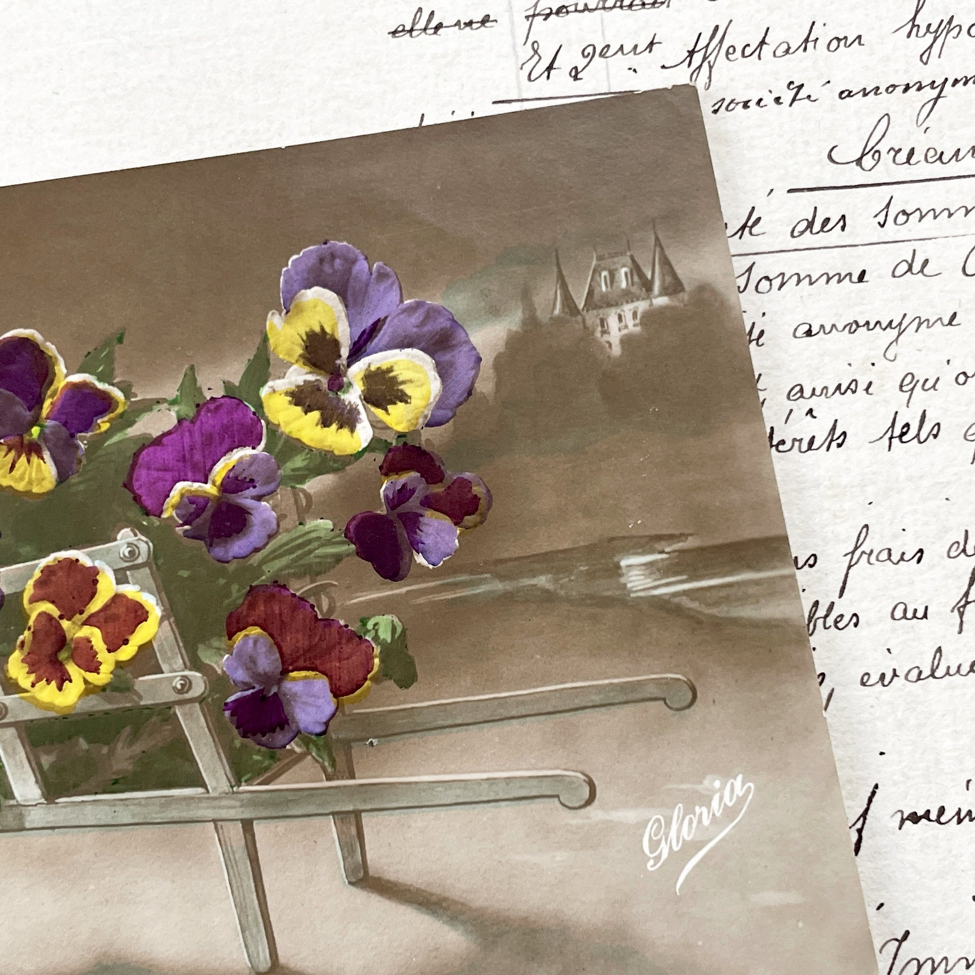 1900s - Vintage Postcard - Wheelbarrow Of Pansies - Moonlight Castle - Floral Art Nouveau - French Nature Collectible Card - Chromo