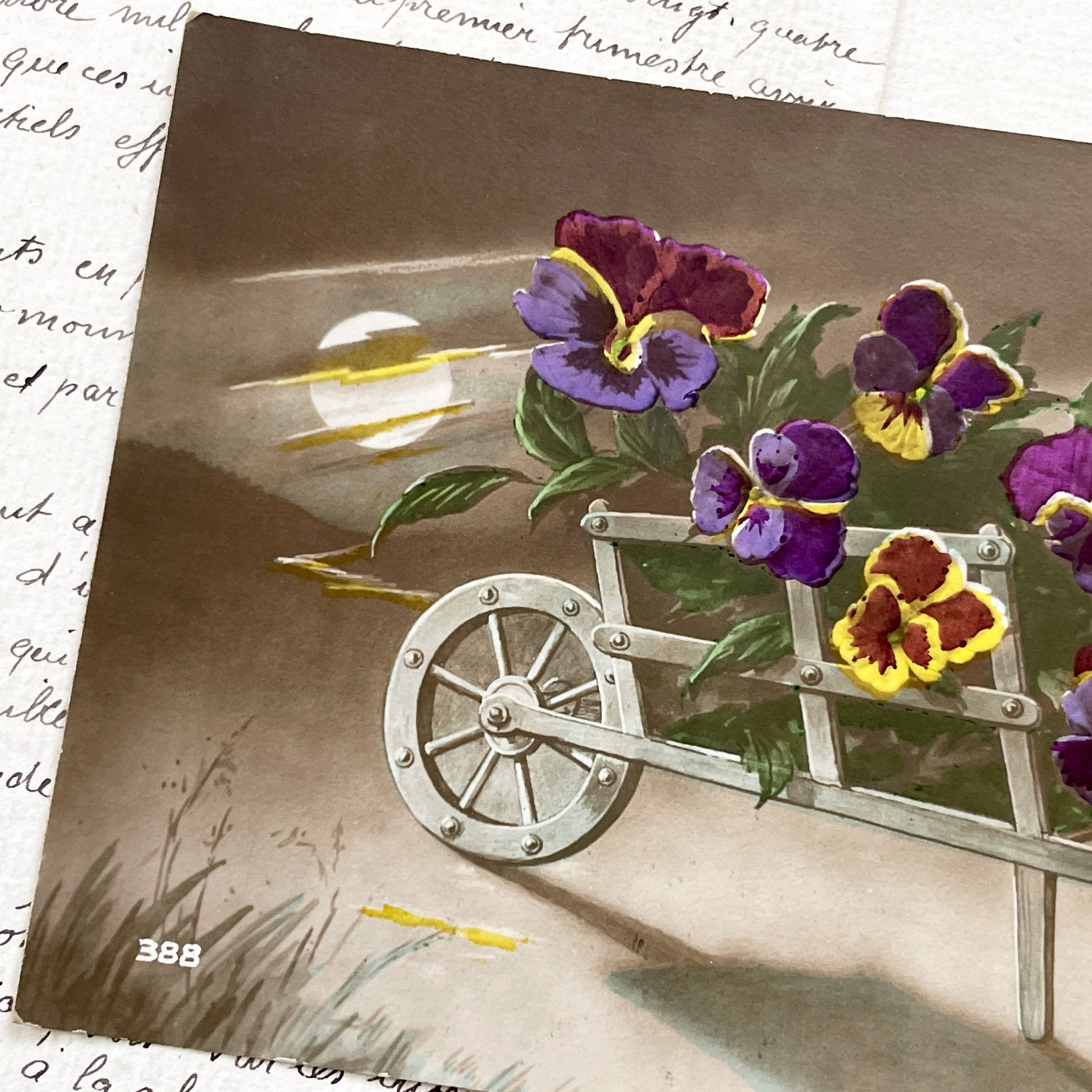1900s - Vintage Postcard - Wheelbarrow Of Pansies - Moonlight Castle - Floral Art Nouveau - French Nature Collectible Card - Chromo