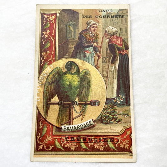 Late 19th - Vintage French Advertising Trade Card - Café Des Gourmets Product Promotion - Parrot - Parisian Street Scene - Chromolithography