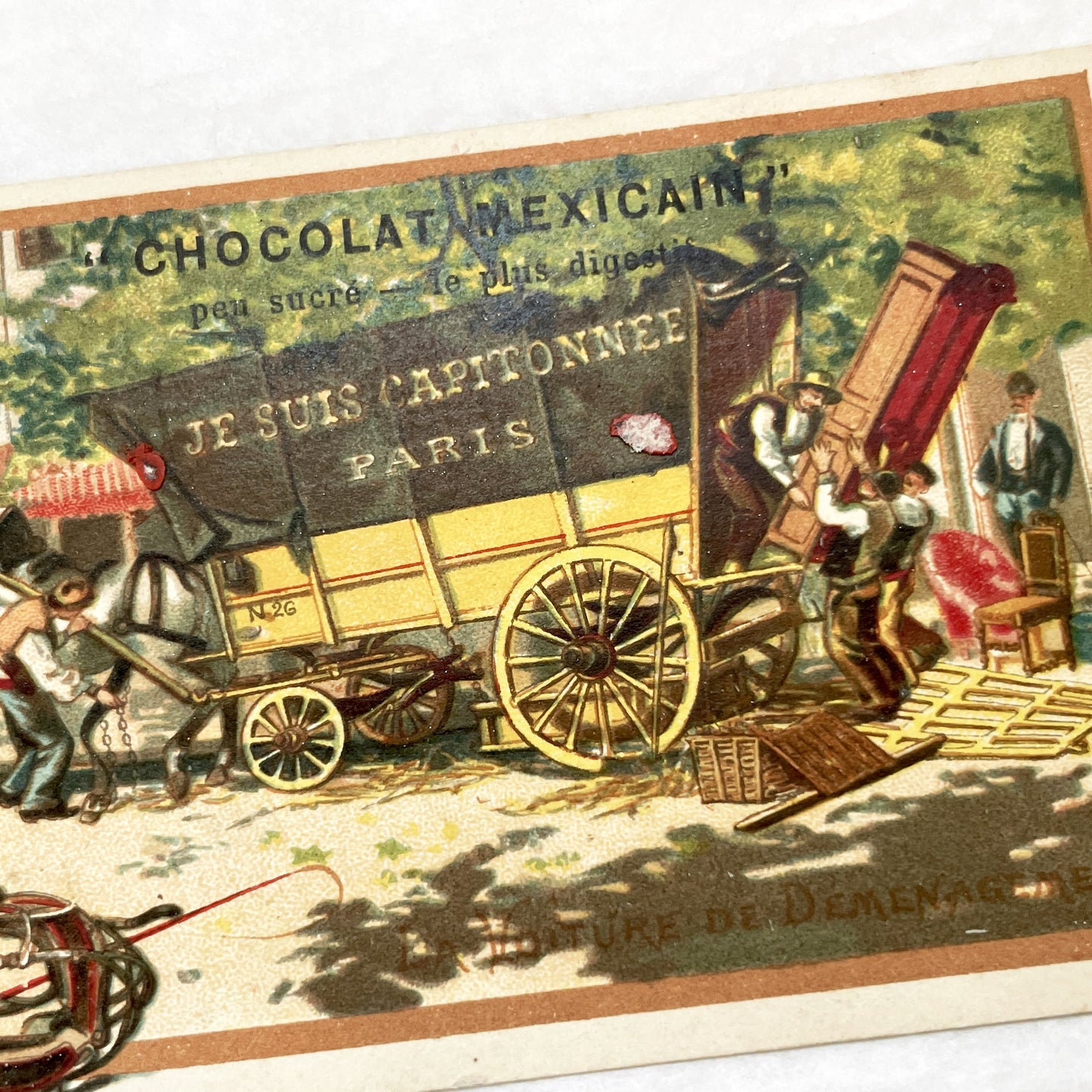 1900s - Vintage French Chromo Chocolate Masson Advertising Trade Card - Chocolat Mexicain - Padded Moving Van - Paris Confectionery Ad