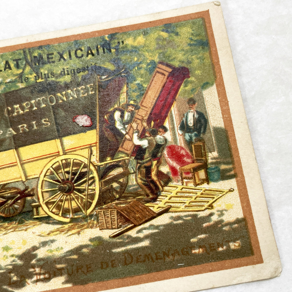 1900s - Vintage French Chromo Chocolate Masson Advertising Trade Card - Chocolat Mexicain - Padded Moving Van - Paris Confectionery Ad