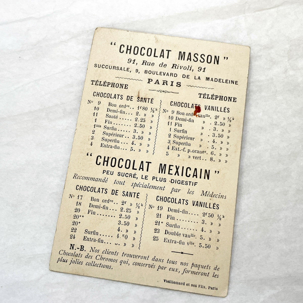 1900s - Vintage French Chromo Chocolate Masson Advertising Trade Card - Chocolat Mexicain - Padded Moving Van - Paris Confectionery Ad