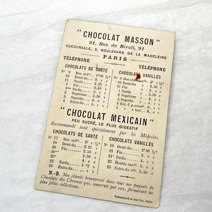 1900s - Vintage French Chromo Chocolate Masson Advertising Trade Card - Chocolat Mexicain - Padded Moving Van - Paris Confectionery Ad