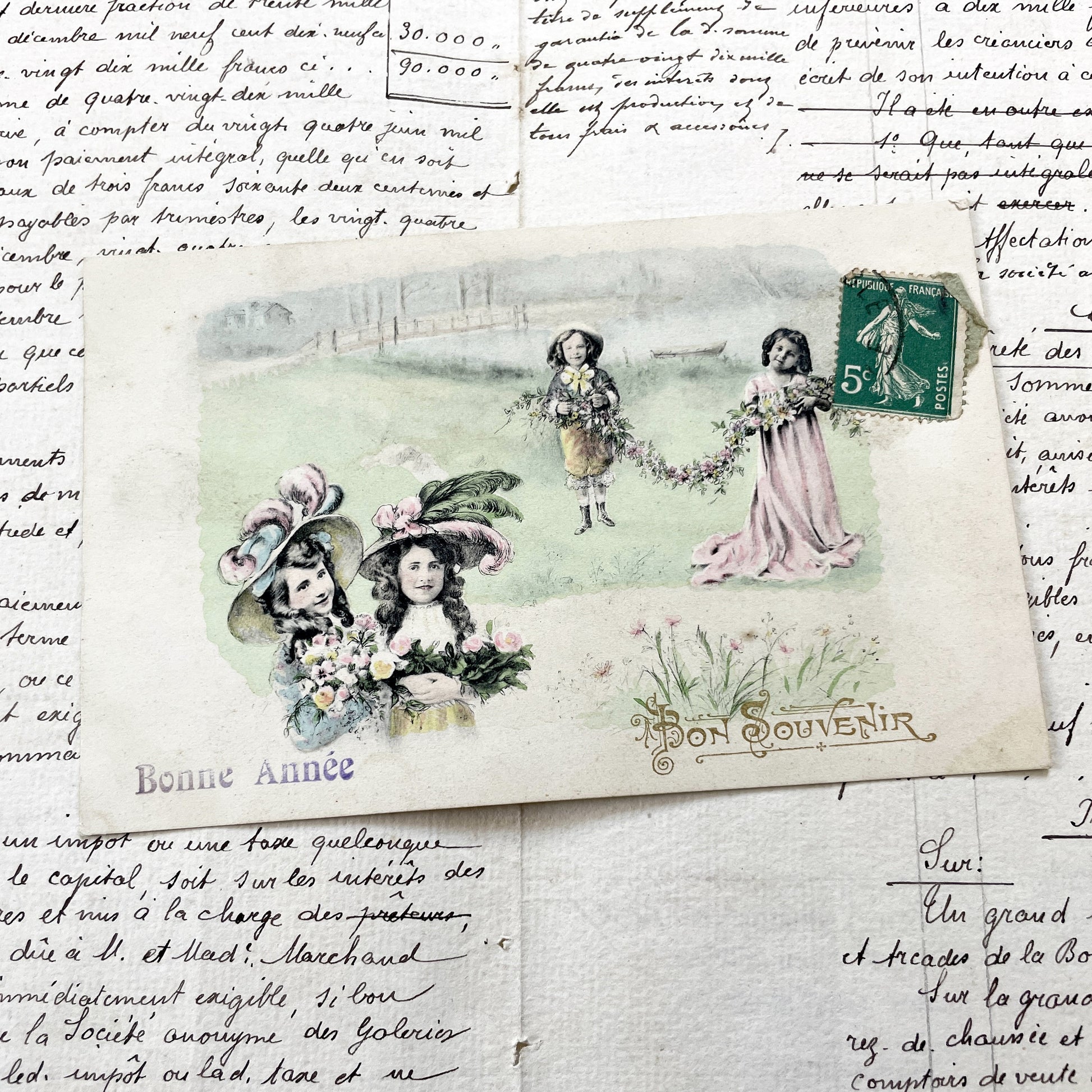 1910s - French Bonne Année Postcard - Antique Chromolithograph Children Illustration - Handwritten Postcard