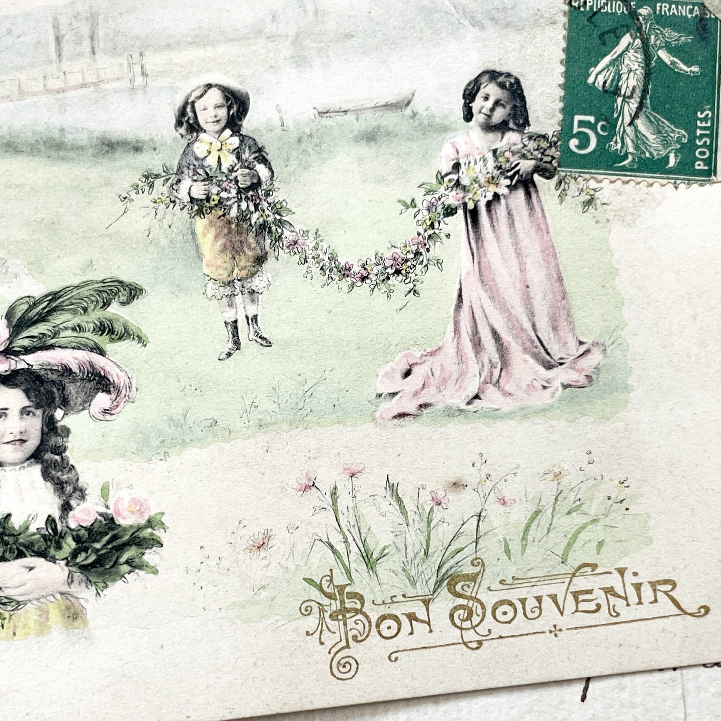 1910s - French Bonne Année Postcard - Antique Chromolithograph Children Illustration - Handwritten Postcard