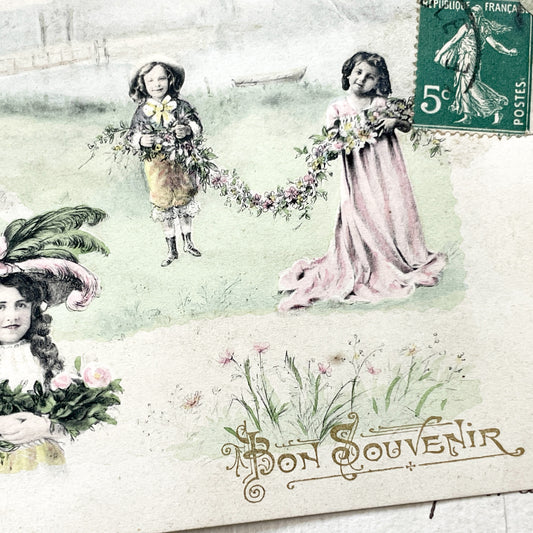 1910s - French Bonne Année Postcard - Antique Chromolithograph Children Illustration - Handwritten Postcard