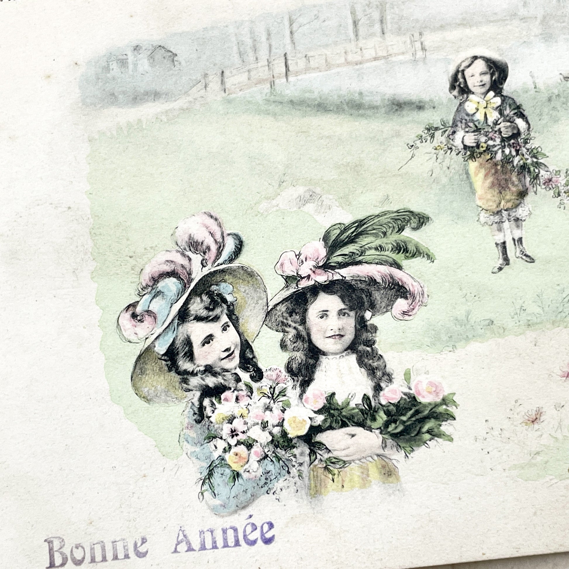 1910s - French Bonne Année Postcard - Antique Chromolithograph Children Illustration - Handwritten Postcard
