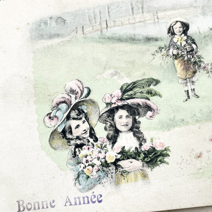 1910s - French Bonne Année Postcard - Antique Chromolithograph Children Illustration - Handwritten Postcard