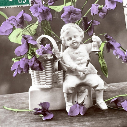 1910s - Antique French Postcard - Cherub Figure with Purple Violets - Sepia Photograph - Bonne Fête Greeting Card - Ephemera Collectible