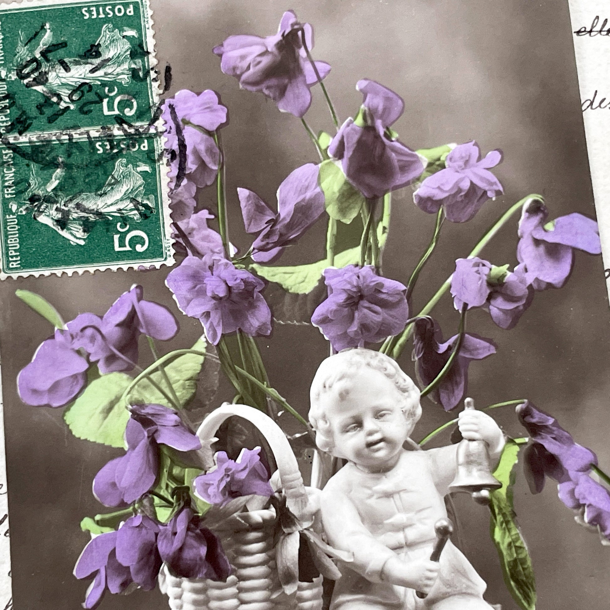 1910s - Antique French Postcard - Cherub Figure with Purple Violets - Sepia Photograph - Bonne Fête Greeting Card - Ephemera Collectible