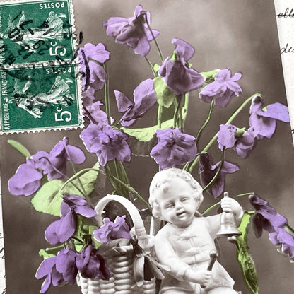 1910s - Antique French Postcard - Cherub Figure with Purple Violets - Sepia Photograph - Bonne Fête Greeting Card - Ephemera Collectible