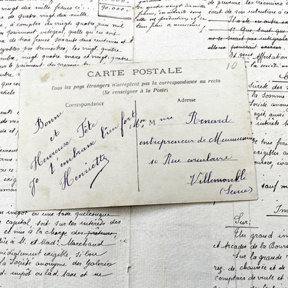 1910s - Antique French Postcard - Cherub Figure with Purple Violets - Sepia Photograph - Bonne Fête Greeting Card - Ephemera Collectible