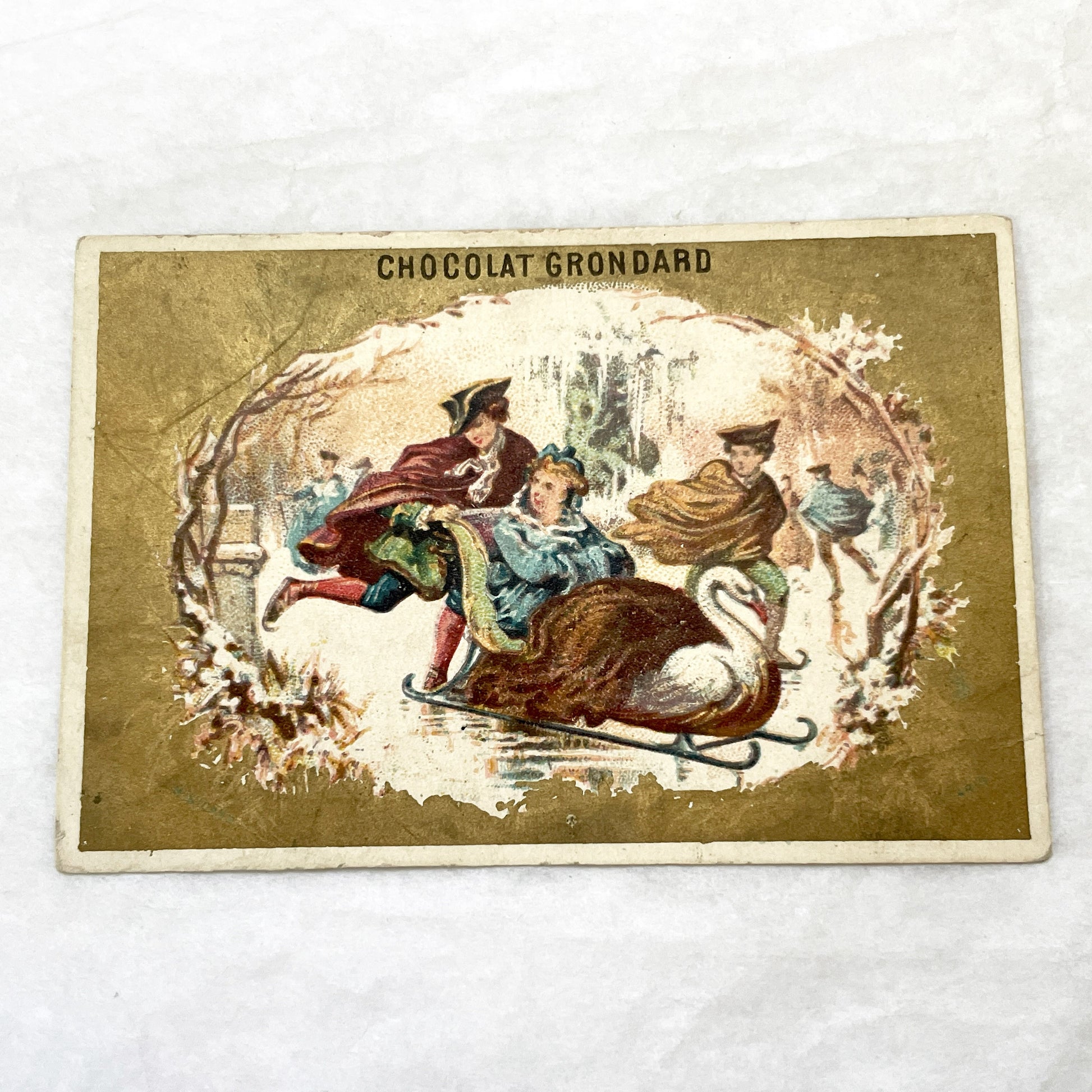 Late 19th - Chocolat Grondard Victorian Trade Card - Winter Scene - Swan Sleigh - French Advertising Ephemera - Collectible Art