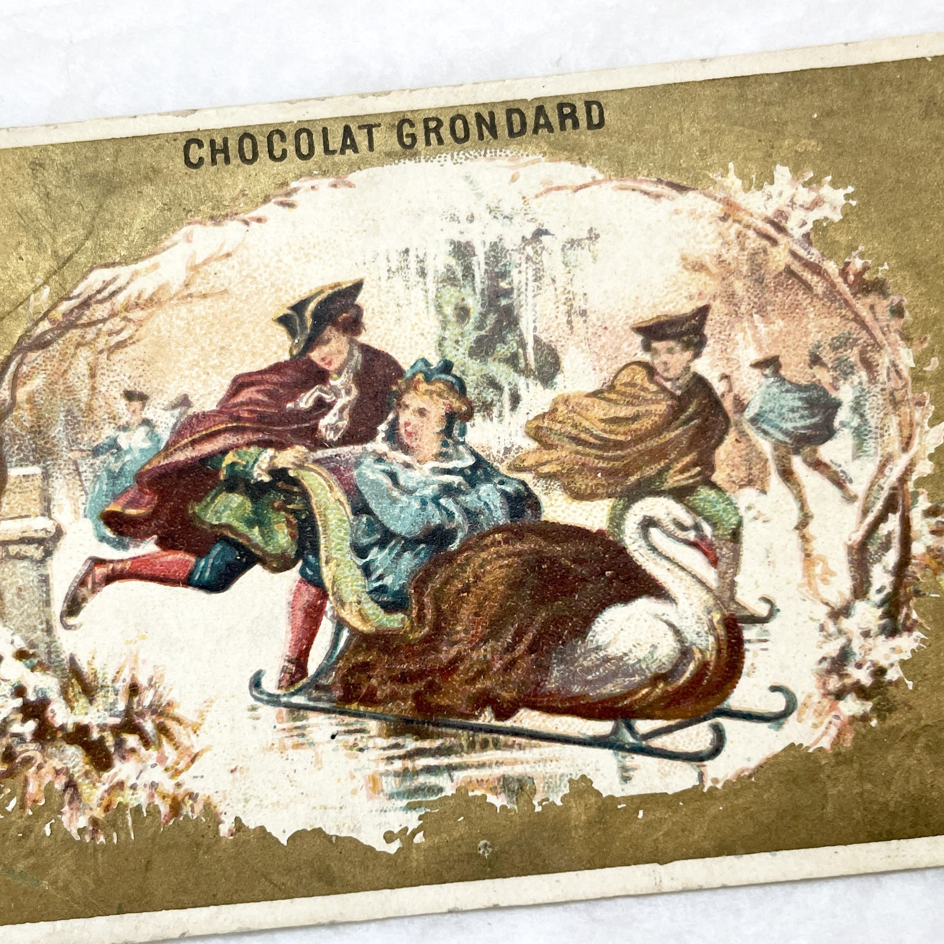 Late 19th - Chocolat Grondard Victorian Trade Card - Winter Scene - Swan Sleigh - French Advertising Ephemera - Collectible Art