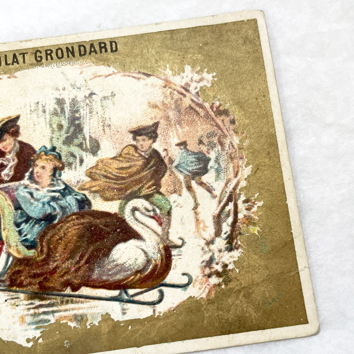 Late 19th - Chocolat Grondard Victorian Trade Card - Winter Scene - Swan Sleigh - French Advertising Ephemera - Collectible Art