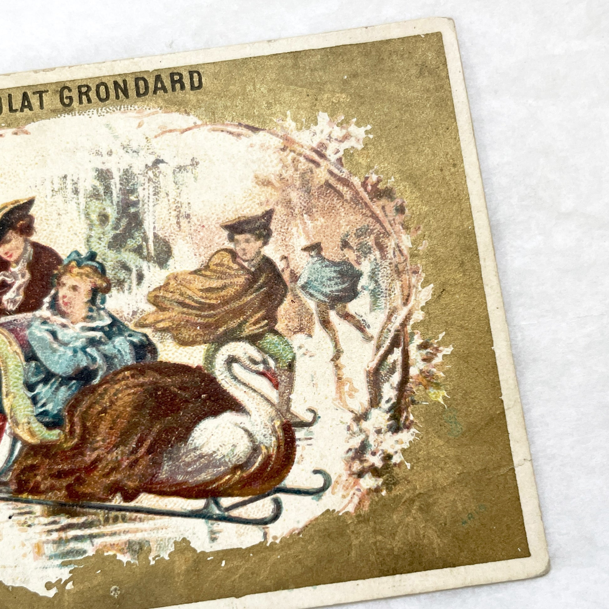 Late 19th - Chocolat Grondard Victorian Trade Card - Winter Scene - Swan Sleigh - French Advertising Ephemera - Collectible Art