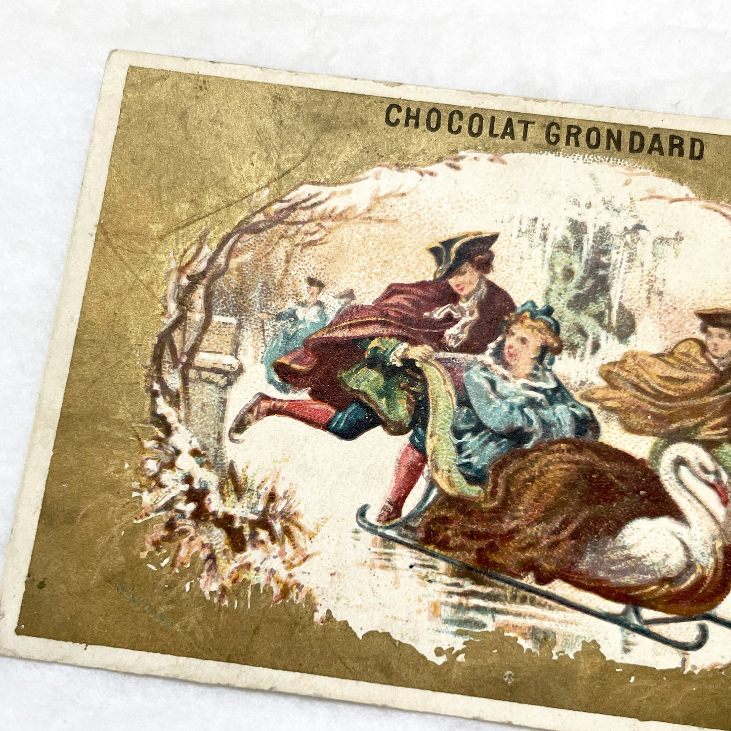 Late 19th - Chocolat Grondard Victorian Trade Card - Winter Scene - Swan Sleigh - French Advertising Ephemera - Collectible Art