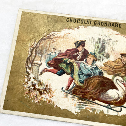 Late 19th - Chocolat Grondard Victorian Trade Card - Winter Scene - Swan Sleigh - French Advertising Ephemera - Collectible Art
