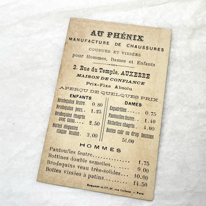 Late 19th - French Advertising Trade Card - Phoenix Shoe Manufacturer Auxerre - Vintage Shoe Ad - Historical Ephemera - Collectible