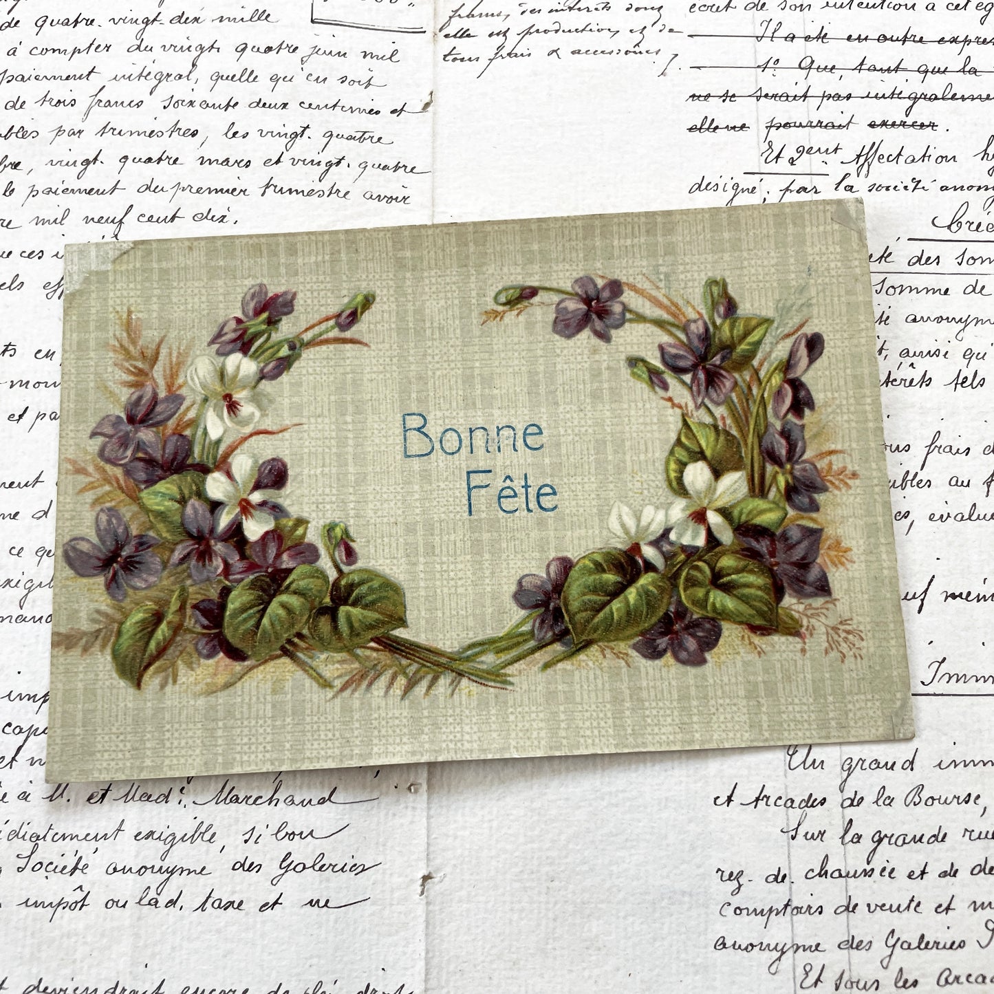 1910s - Antique French Bonne Fete Postcard - Violet Floral Wreath - Vintage Ephemera - Collectible Art Print - Botanical