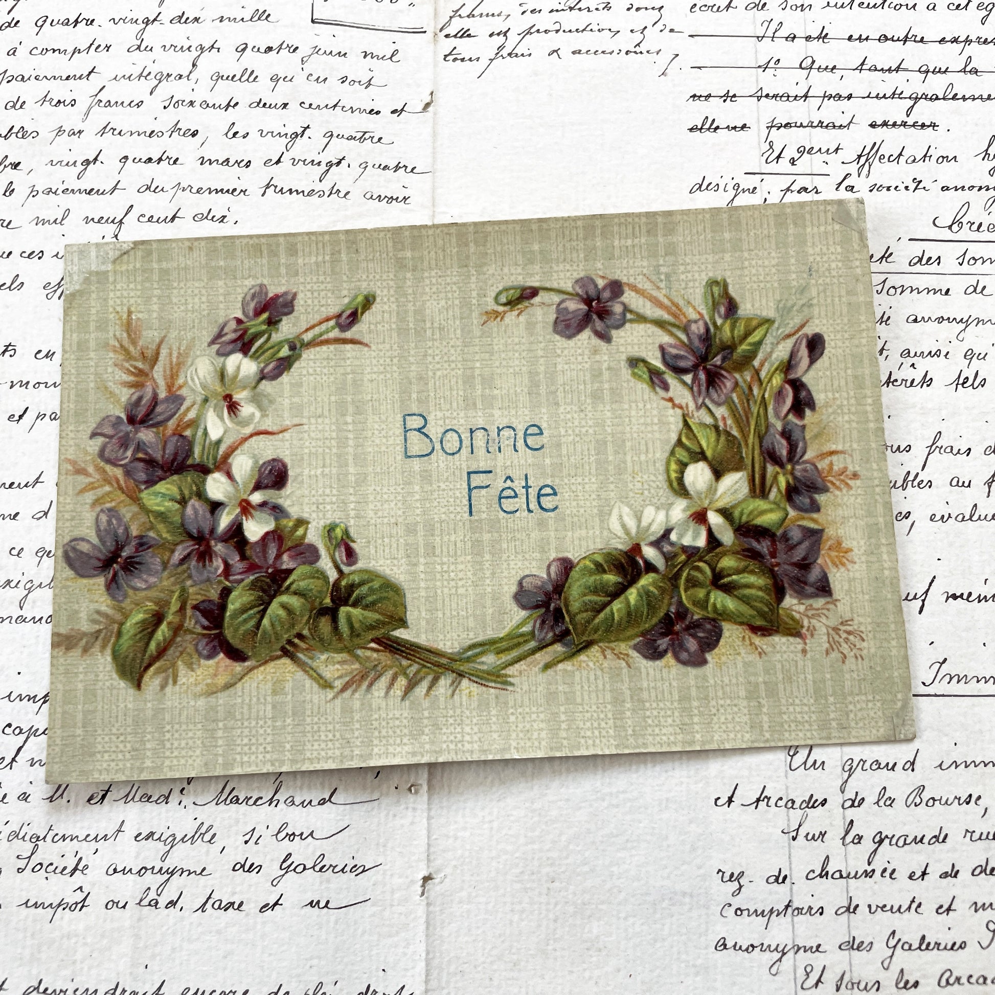 1910s - Antique French Bonne Fete Postcard - Violet Floral Wreath - Vintage Ephemera - Collectible Art Print - Botanical