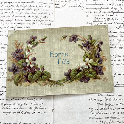 1910s - Antique French Bonne Fete Postcard - Violet Floral Wreath - Vintage Ephemera - Collectible Art Print - Botanical