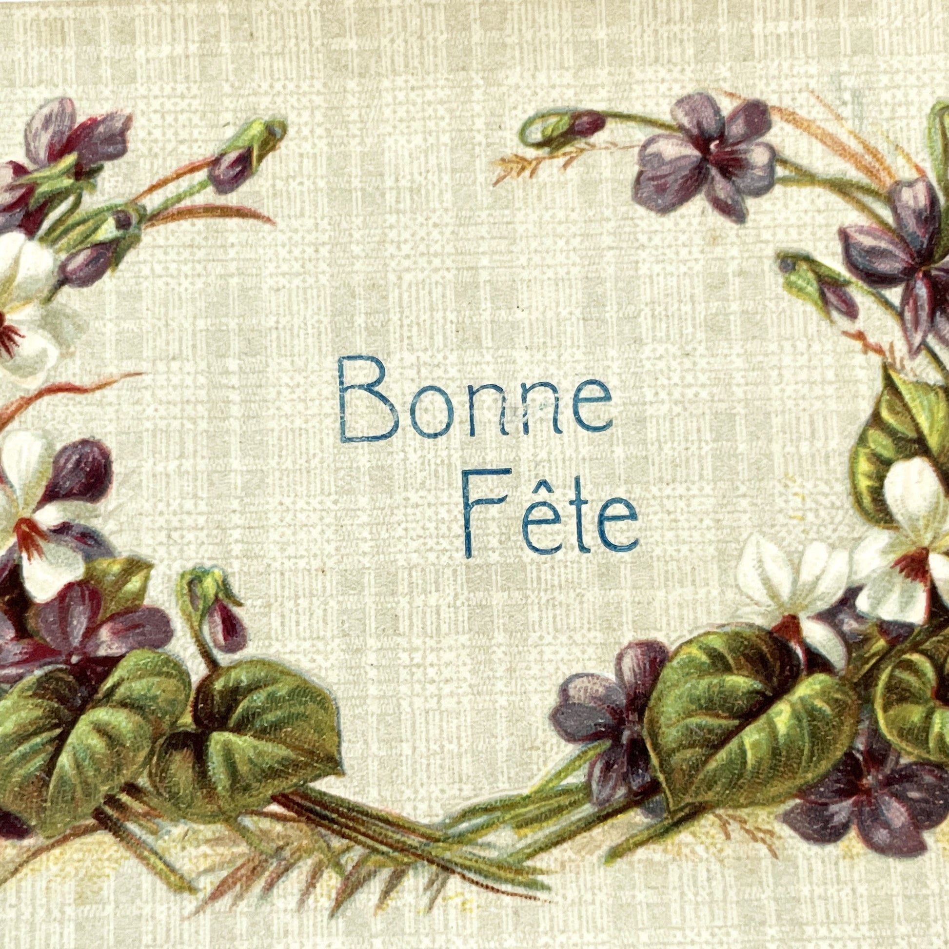 1910s - Antique French Bonne Fete Postcard - Violet Floral Wreath - Vintage Ephemera - Collectible Art Print - Botanical