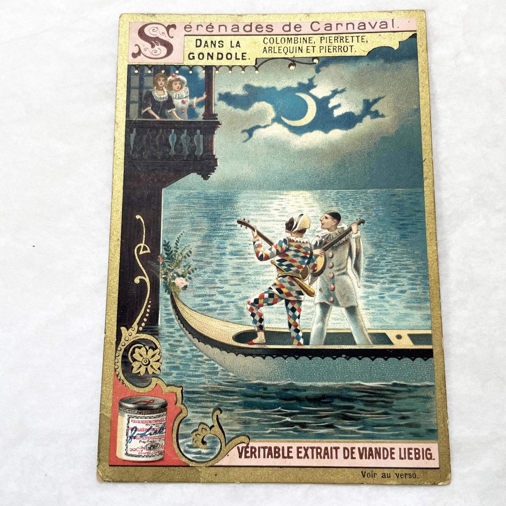 1900s - Advertising Card - Carnival Serenade - Commedia dell'arte - Harlequin Pierrot Columbine - Vintage Food Ephemera - Collectible Art